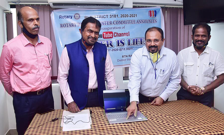 Rotary District Governor Ranganath Bhat launches the YouTube channel, ‘Water is life-Harvest water’, at Hotel Maya International in Mangaluru, on Wednesday.