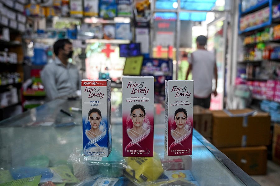 Packages of Unilever "Fair and Lovely" skin-lightening creams on the counter of a shop in New Delhi. Credits: AFP Photo