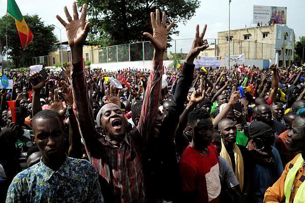 Supporters of Imam Mahmoud Dicko and other opposition political parties protest after President Ibrahim Boubacar Keita rejected concessions, aimed at resolving a months-long political stand-off, in Bamako, Mali July 10, 2020. Credit: Reuters Photo