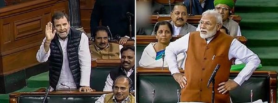 Prime Minister Narendra Modi and Congress leader Rahul Gandhi in the Lok Sabha. Credit: PTI Photo
