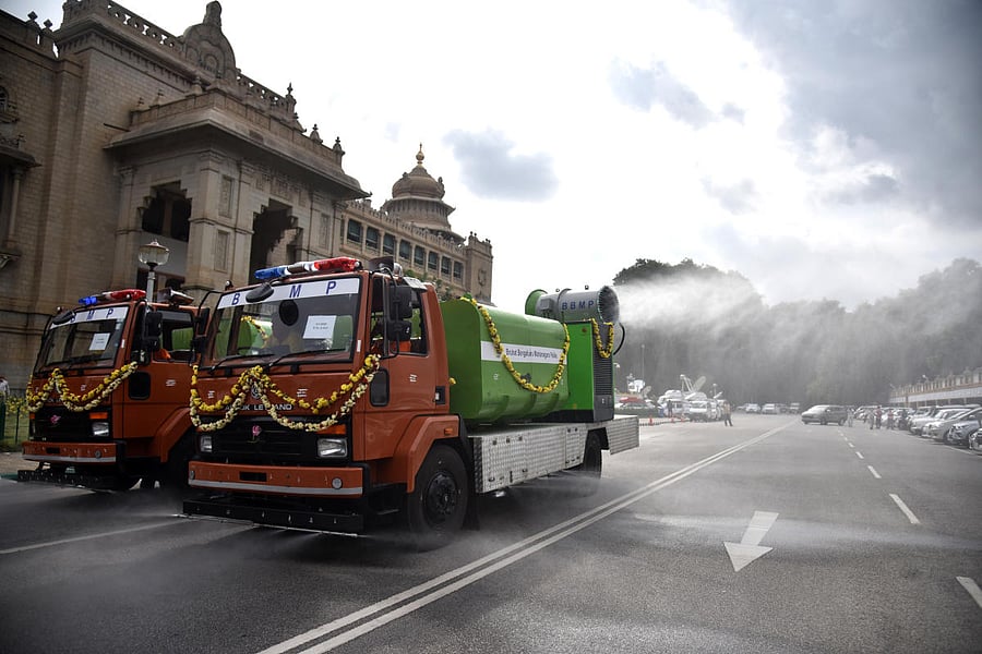 New Mist Cannon Machine is launched in front of Vidhana Soudha, it help to control Corona virus, the truck is filled with disinfectant mixed water and this disinfectant is sprayed in the air, it protected by corona virus, by BBMP in Bengaluru on Monday, 29 June 2020. DH Photo by S K Dinesh