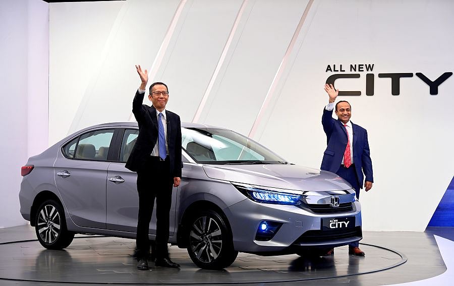 Gaku Nakanishi (left), President & CEO, Honda Cars India and Rajesh Goel, Sr. Vice President and Director, Marketing and Sales, Honda Cars India Ltd, during the launch. Credit: DH Photo