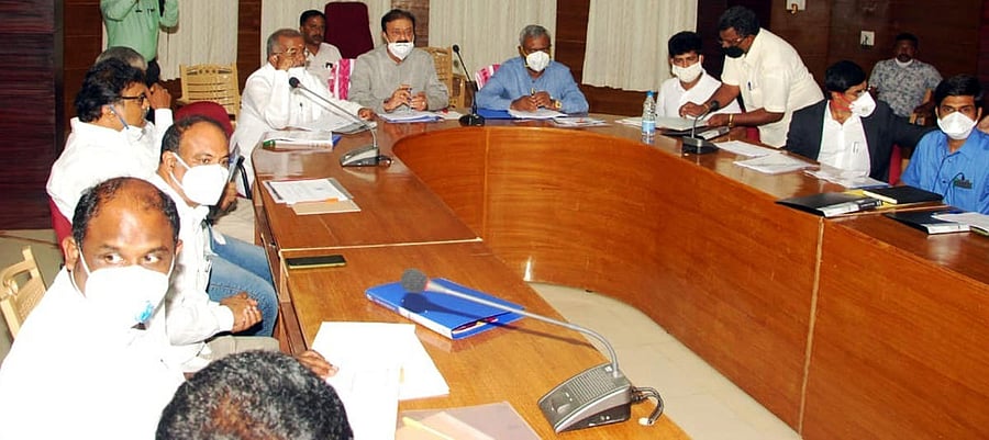 MLA G T Devegowda, Ministers Narayana Gowda and  S T Somashekar during Cauvery River Water Management Board meeting at KRS in Srirangapatna taluk, Mandya district on Saturday. DH PHOTO