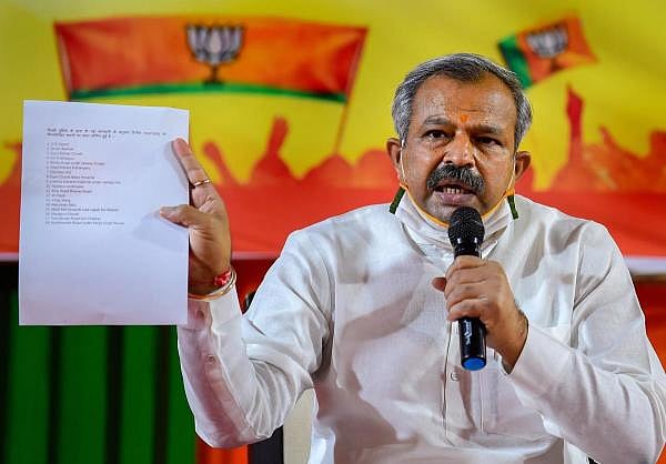 Delhi BJP chief Adesh Gupta addresses a press conference, in New Delhi. Credit: PTI Photo
