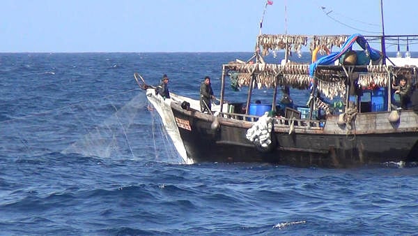 A North Korean squid boat in operation in the Russian Exclusive Economic Zone (EEZ) near the coast of North Korea. Credit: AFP