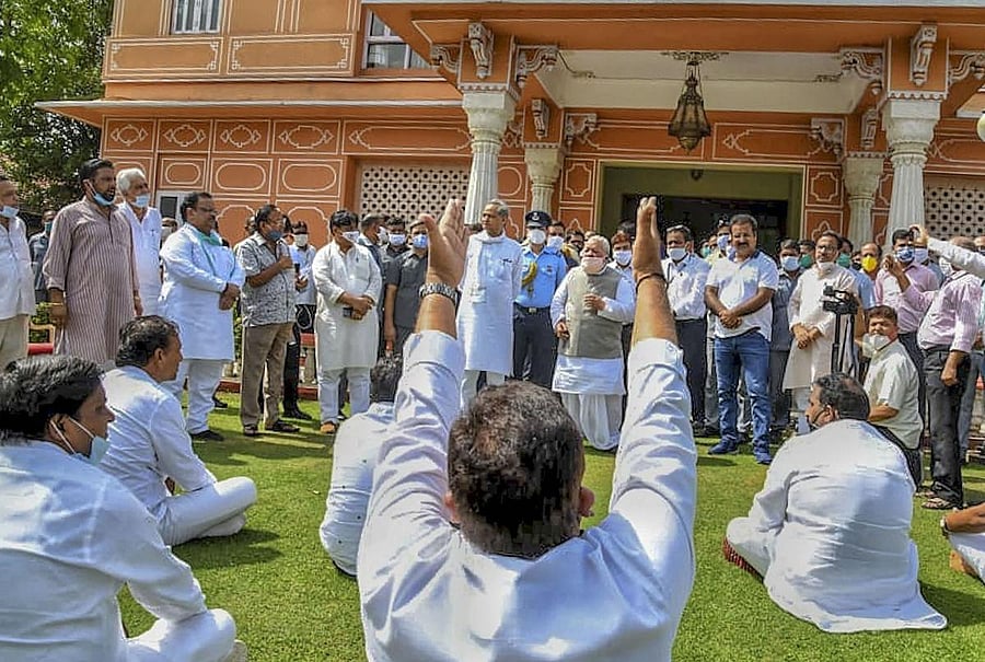 Rajasthan Governor Kalraj Mishra interacts with Congress MLAs at the Raj Bhawan in Jaipur on Friday. PTI