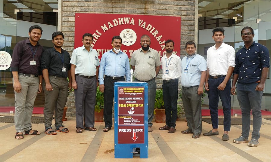 The foot operated wash basin developed by Mechanical Engineering students at Shri Madhwa Vadiraja Institute of Technology and Management (SMVITM), Bantakal. Credits: DH Photo