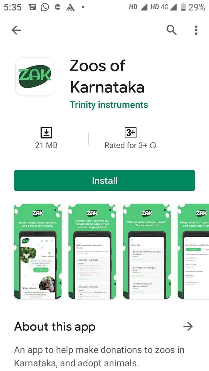 Screenshot of ‘Zoos of Karnataka’ app on Google Play Store.