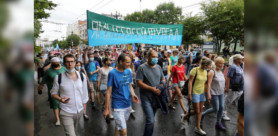 People take part in an anti-Kremlin rally in support of former regional governor Sergei Furgal arrested on murder charges in the far eastern city of Khabarovsk, Russia. Credit: Reuters Photo
