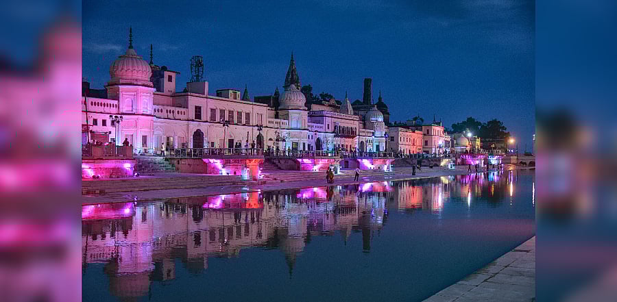 Ram Ki Paidi illuminated ahead of the ground-breaking ceremony for the construction of the Ram Temple, in Ayodhya. Credit: PTI Photo