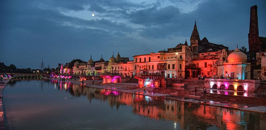 Ram Ki Paidi illuminated ahead of the ground-breaking ceremony for the construction of the Ram Temple, in Ayodhya. Credit: PTI Photo