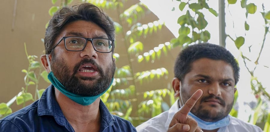 Hardik Patel (R) Jignesh Mevani speak to media regarding the alleged Rs 50 crore MGNREGA scam. Credits: PTI Photo