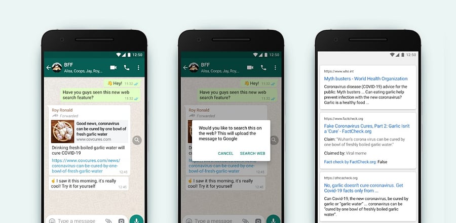 WhatsApp messenger app gets 'search the web' feature to curb fake news. Credit: WhatsApp
