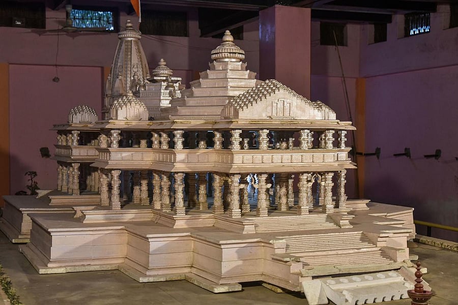 A model of Ram temple displayed at Kar Sewak Puram in Ayodhya, Monday, Aug. 3, 2020. Credit: PTI Photo