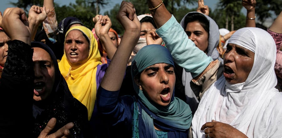 Kashmiri women attend a protest after Eid-al-Adha prayers at a mosque during restrictions after the scrapping of the special constitutional status for Kashmir by the Indian government, in Srinagar, August 12, 2019. Credit: Reuters File Photo
