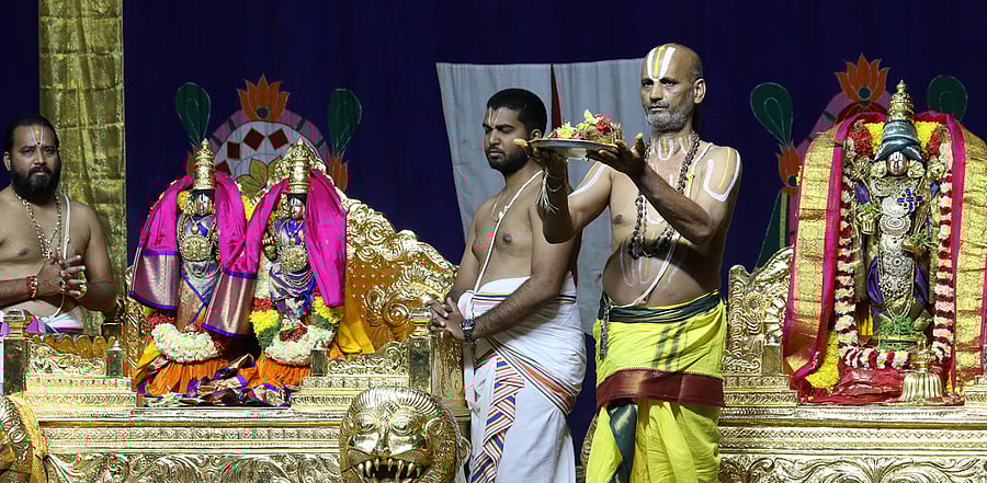Archakas performing Srivari Kalyanotsavam at Tirumala. Credit: DH Photo