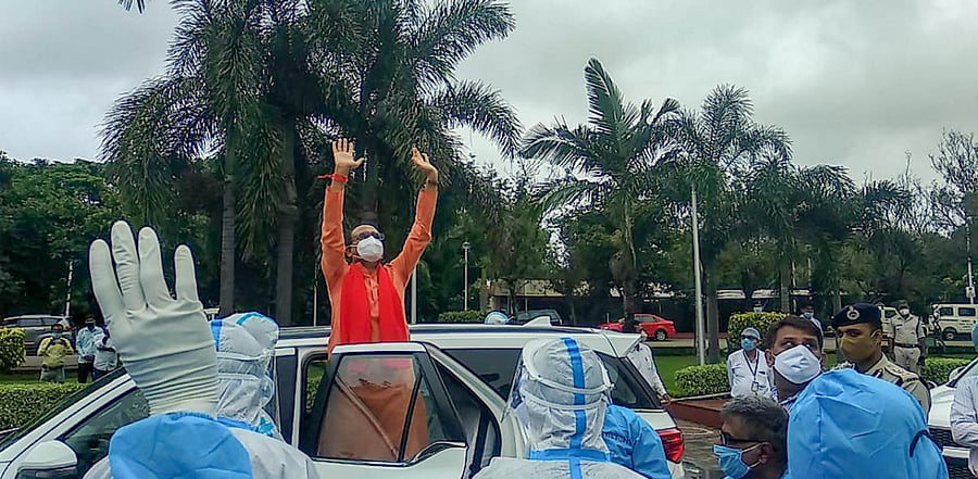 Madhya Pradesh Chief Minister Shivraj Singh Chouhan being discharged from Chirayu Hospital after he recovered from Covid-19, in Bhopal. Credit: PTI Photo
