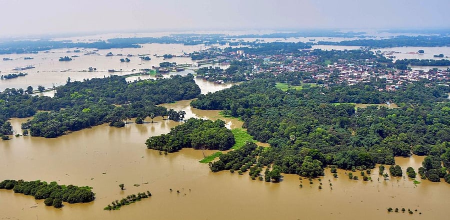 An aerial view of the flood-affected Darbhanga district of Bihar. Credit: PTI Photo