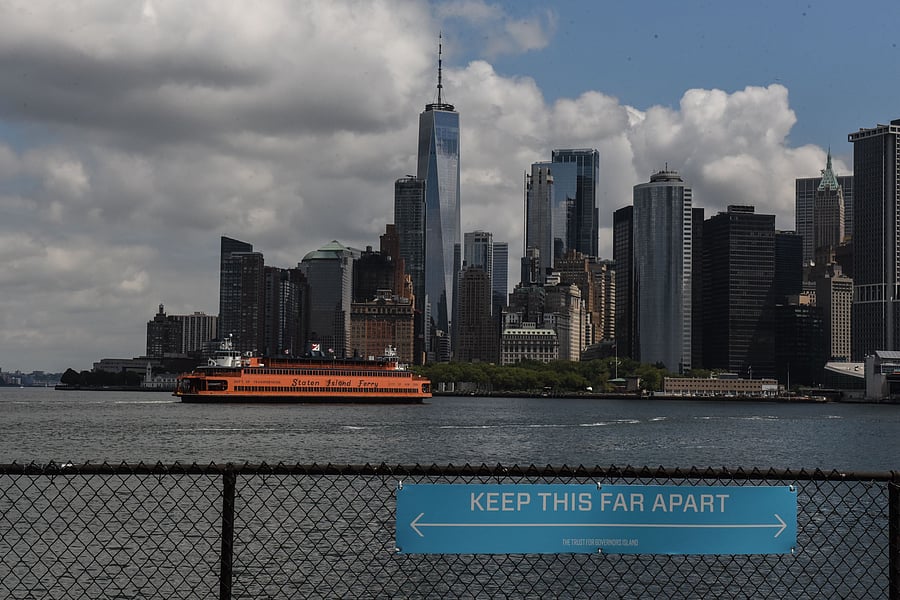 Lower Manhattan is seen from Governors Island on July 15, 2020 in New York City. Governors Island reopens to visitors on Wednesday with limited capacity due to continued concerns about the coronavirus. Credit: Getty Images/AFP