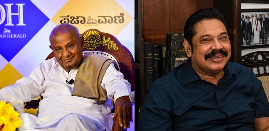 JDS President H D Deve Gowda and Sri Lankan Prime Minister Mahinda Rajapaksa. Credit: DH and AFP Photo