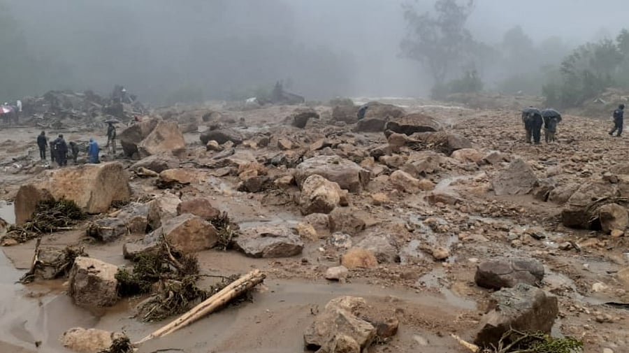 Rescue operations being conducted at Pettimudi following the landslide.
