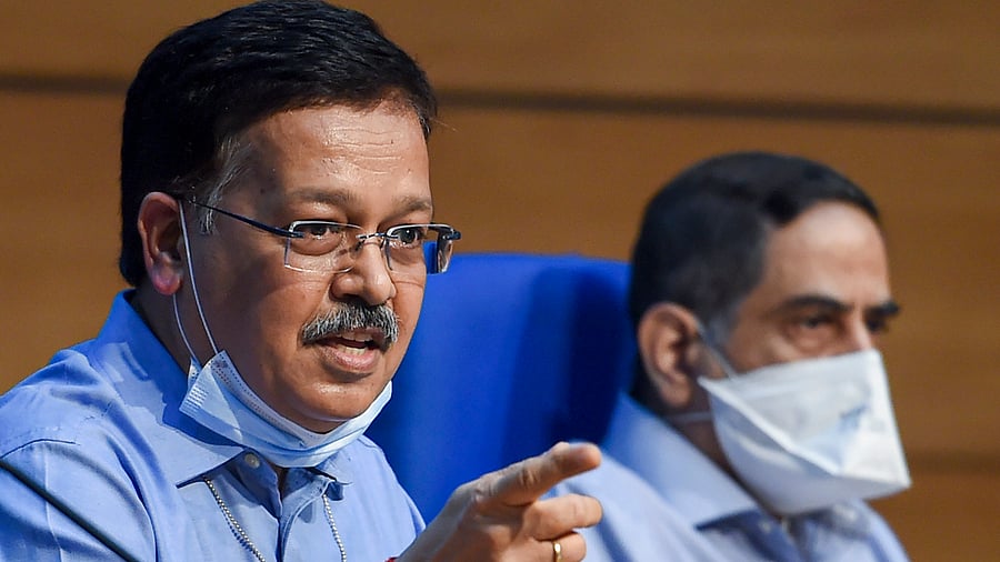 Health Secretary Rajesh Bhushan addresses a press conference on Covid-19 pandemic, at NMC New Delhi. Credits: PTI Photo