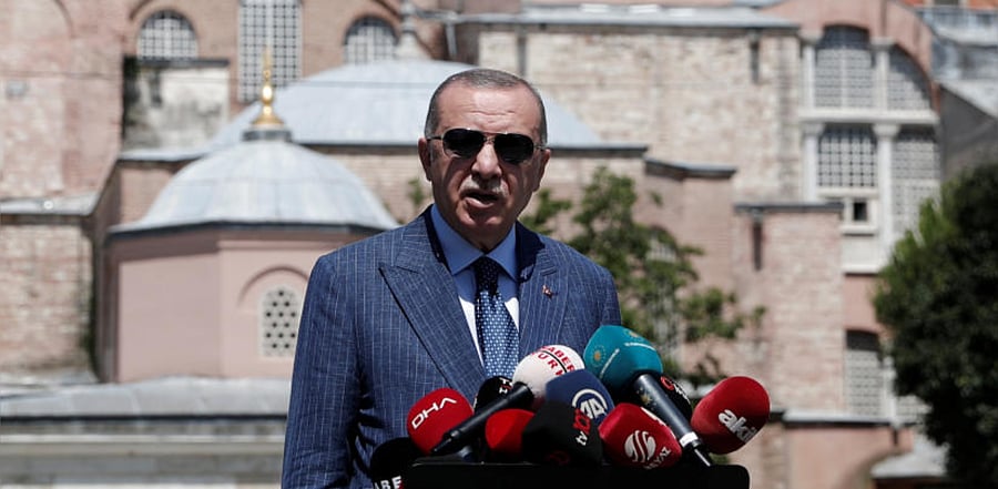 Turkish President Tayyip Erdogan talks to media after attending Friday prayers at Hagia Sophia Grand Mosque in Istanbul. Credit: Reuters