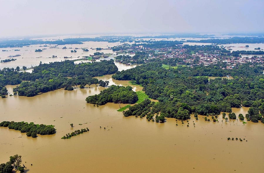 An aerial view of the flood-affected Darbhanga district of Bihar. Credit: PTI