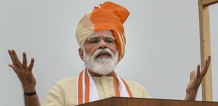 Prime Minister Narendra Modi addresses the nation during the 74th Independence Day celebrations, at Red Fort in New Delhi. Credit: PTI Photo