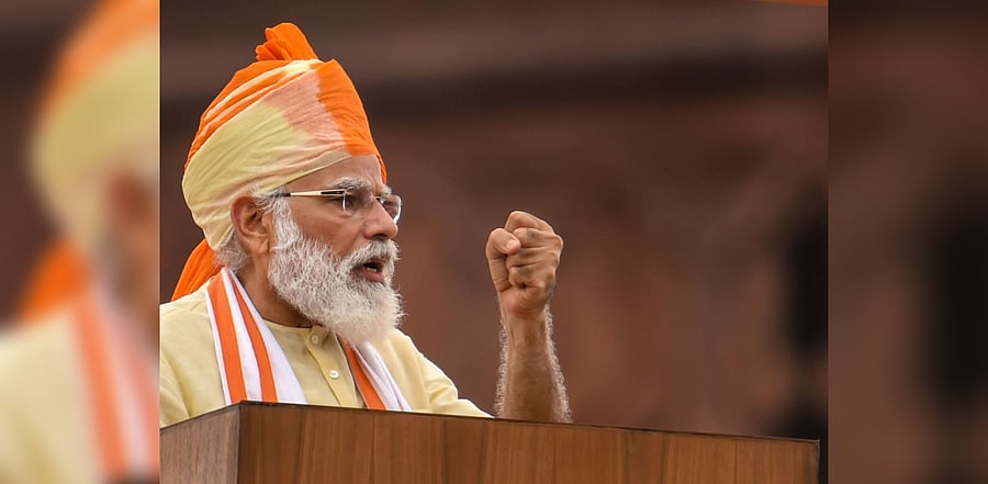 Prime Minister Narendra Modi addresses the nation from ramparts of the Red Fort on the occasion of 74th Independence Day, in New Delhi, Saturday, Aug 15, 2020. Credit: PTI Photo