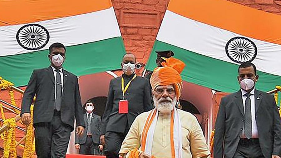 Prime Minister Narendra Modi after addressing the nation on the occasion of 74th Independence Day from the ramparts of Red Fort. Credit: PTI