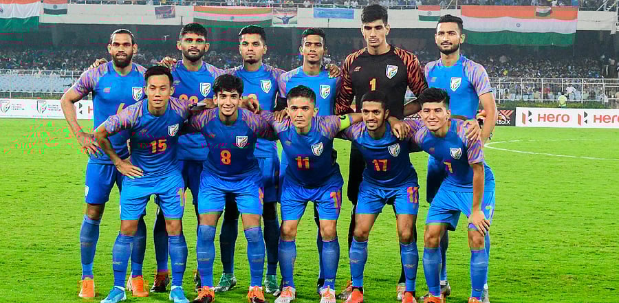 India's national football team members pose for a picture ahead of their World Cup 2022 and 2023 AFC Asian Cup qualifying football match against Bangladesh at the Vivekananda Yuba Bharati Krirangan in Kolkata. Credit: AFP Photo