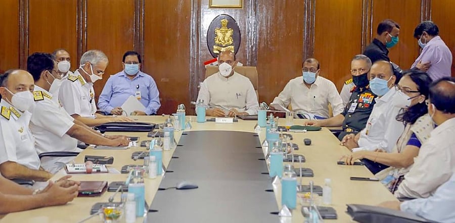 Defence Minister Rajnath Singh during the inaugural session of the Naval Commanders’ Conference 2020, at Sena Bhawan in New Delhi. Credit: PTI Photo