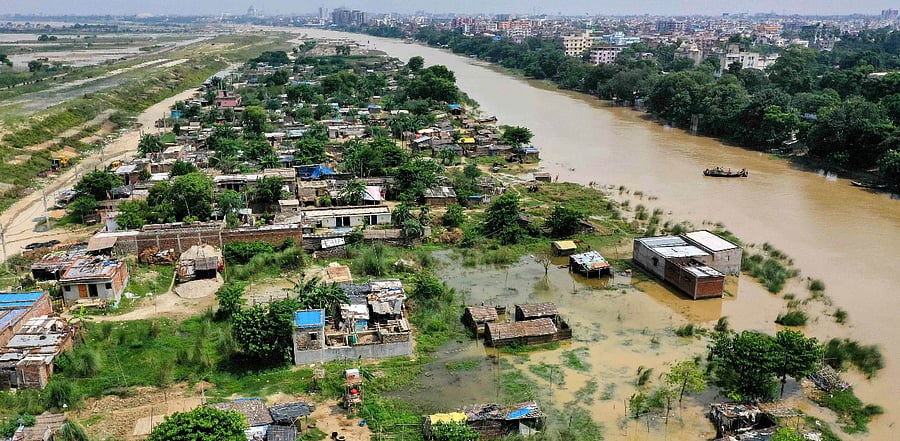 An aerial view of the flood-hit Bind Toli along the banks of Ganga River in Patna. Credit: PTI Photo
