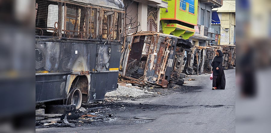 As many as 33 government and 109 private vehicles were completely burnt or extensively damaged in the riots. DH photo /Pushkar V