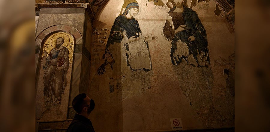 A tourist visits the Chora or Kariye Museum, formally the Church of the Holy Saviour, a medieval Byzantine Greek Orthodox church, decorated with 14th-century frescoes of the Last Judgement, in the Fatih district of Istanbul on August 21, 2020. Credit: AFP Photo
