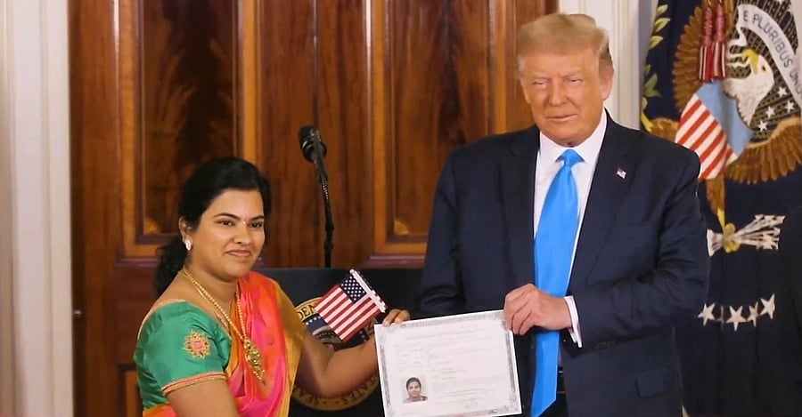 Screenshot of the naturalisation ceremony where Sudha Narayanan was naturalised as US Citizen. Credit: CSPAN broadcast of RNC