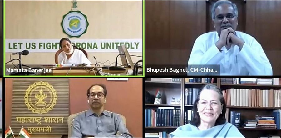 Congress Interim President Sonia Gandhi chairs a virtual meeting with Chief Ministers of 7 states to discuss various issues, in New Delhi, Wednesday, Aug 26, 2020. (PTI Photo)