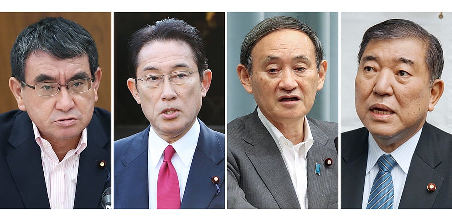 Japan’s Defence Minister Taro Kono, Liberal Democratic Party member Fumio Kishida, Japan's Chief Cabinet Secretary Yoshihide Suga, and Liberal Democratic Party member Shigeru Ishiba, who are contenders to replace Shinzo Abe after announcing his resignation as the country's prime minister. Credit: AFP Photo