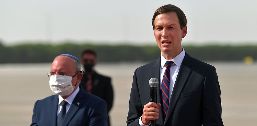 US Presidential Adviser Jared Kushner (R) speaks as he stands next to the Head of Israel's National Security Council Meir Ben-Shabbat (L) at the Abu Dhabi airport. Credit: AFP Photo