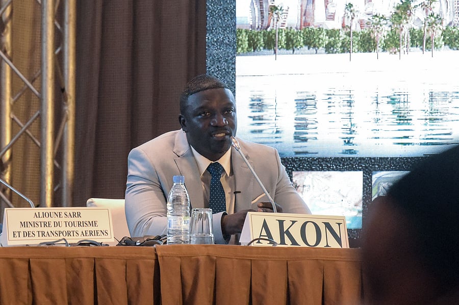 Senegalese-American singer and songwriter Akon speaks to the press in a hotel in Dakar, on August 31, 2020, to present plans to create a city named "Akon City". - The rapper, whose real name is Alioune Badara Thiam, pledged to invest in tourism in his native Senegal where he spent his early childhood before moving to the US at age seven, where he later rose to superstardom. Credit: AFP