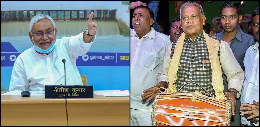 Jitan Kumar Manjhi (R), who rocked the Grand Alliance boat last month, has, of late, been showering praise on Nitish Kumar (L), giving credence to the theory that the Mahadalit leader may eventually join hands with his mentor. Credit: PTI Photos
