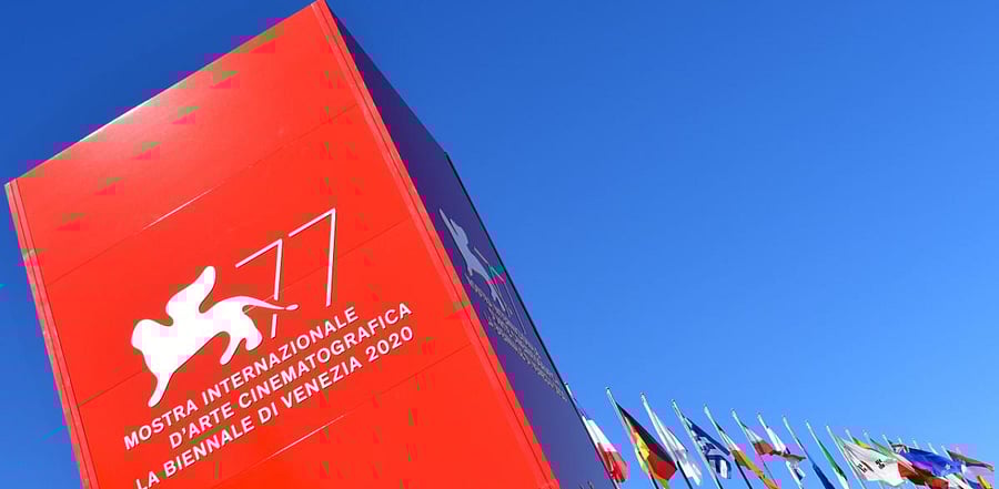 The logo of the 77th Venice Film Festival is pictured outside the festival's palace on the eve of the festival's opening. Credit: AFP Photo