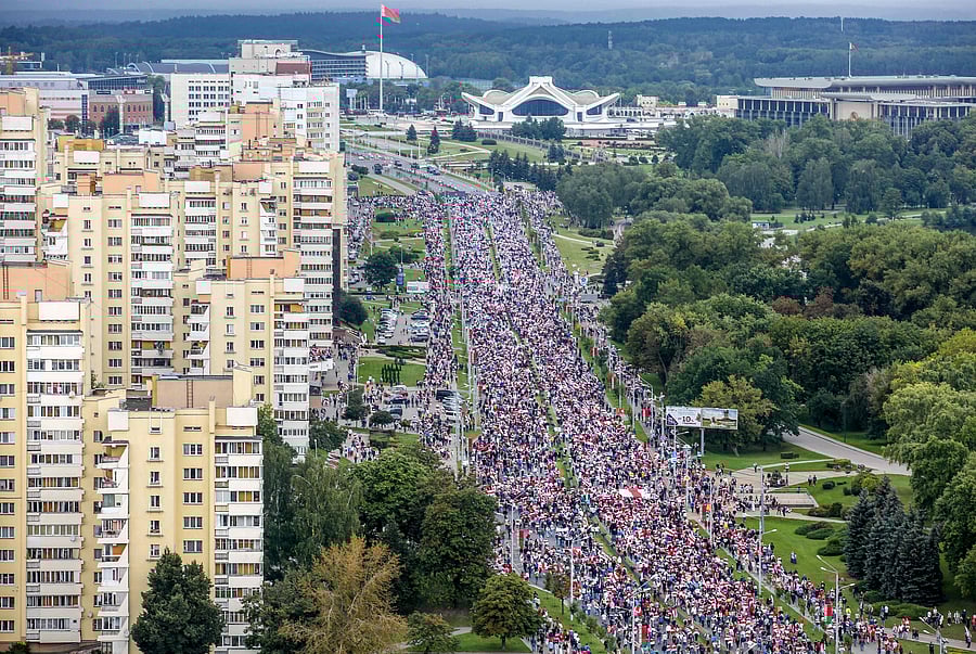 Belarus opposition supporters attend a rally to protest against the disputed August 9 presidential elections results in Minsk. Credits: AFP Photo