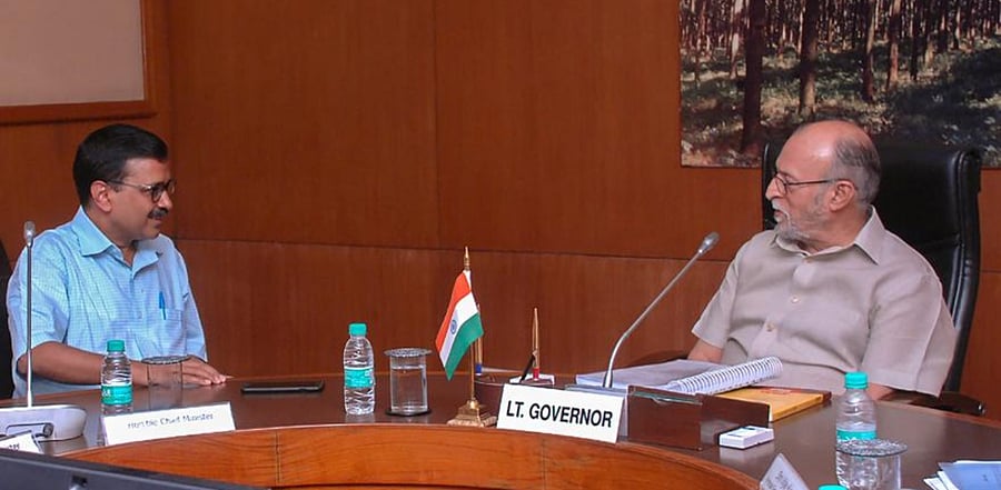 Delhi CM Arvind Kejriwal with Delhi Lieutenant Governor Anil Baijal. Credit: PTI Photo