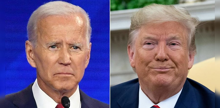 Democratic presidential hopeful Former Vice President Joe Biden at Texas Southern University in Houston, Texas,and US President Donald Trump during a meeting in the Oval Office at the White House in Washington, DC. Credit: AFP