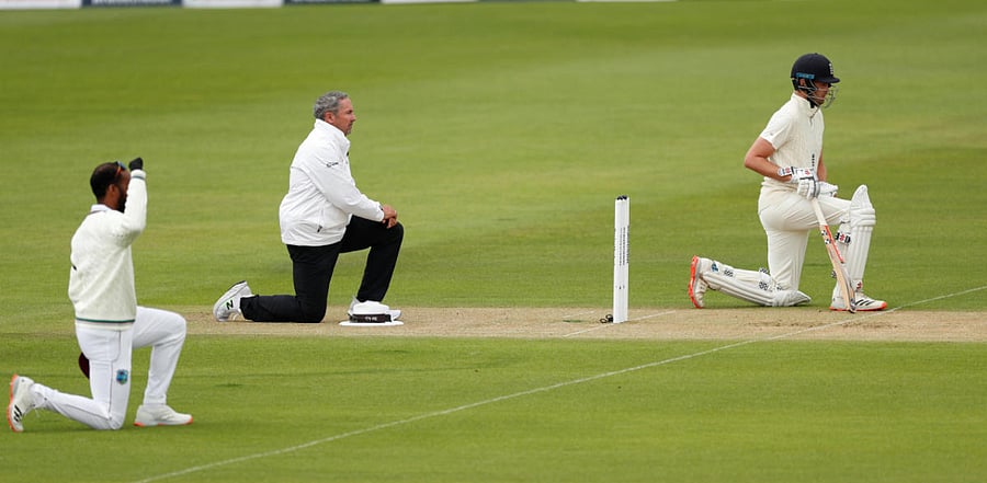 England wore "Black Lives Matter" logos on their shirts during their test series against West Indies and took the knee to protest against racism, but opted not to continue the practice in subsequent series against Pakistan and Australia. Credit: Reuters Photo