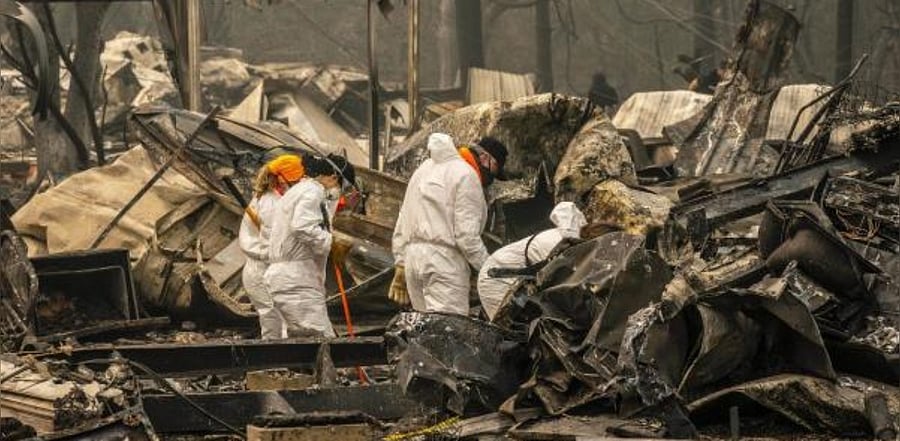 Search and rescue personnel from the Jackson County Sheriff's Office look for the possible remains of a missing elderly resident in a mobile home park on September 11, 2020 in Ashland, Oregon. Credit: AFP Photo