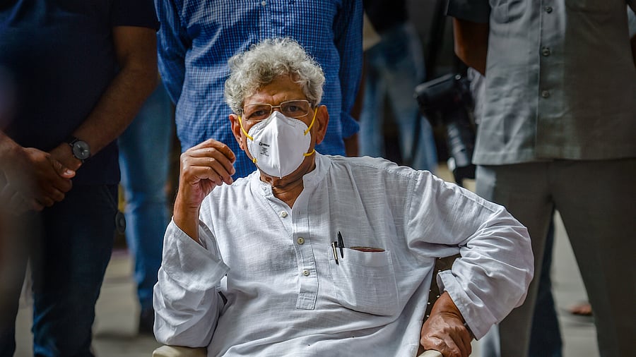 CPI(M) General Secretary Sitaram Yechury during a protest, at Vithal Bhai Patel House in New Delhi. Credits: PTI Photo