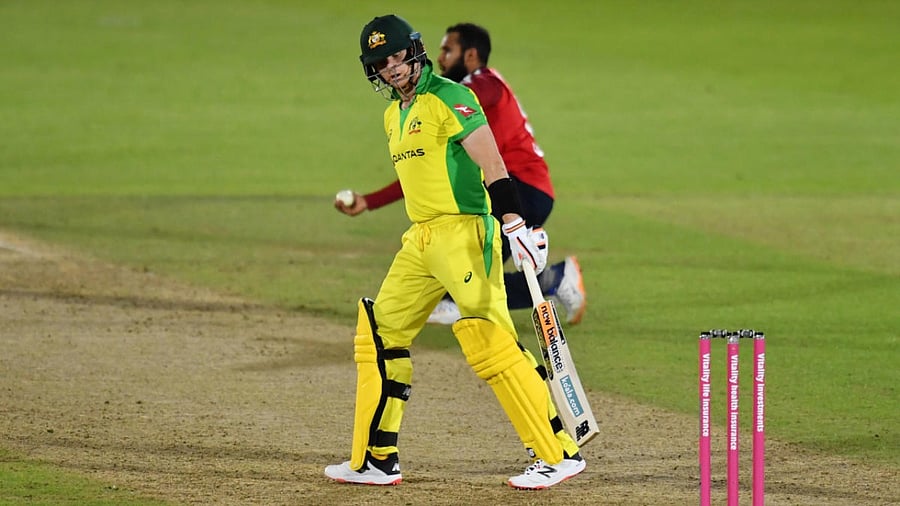 Australia's Steve Smith reacts after losing his wicket. Credit: Reuters